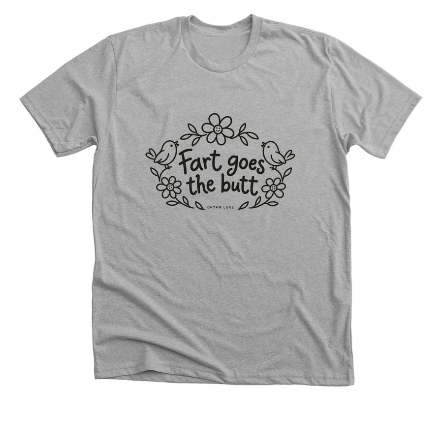 Fart Goes the Butt shirt in Athletic Heather with simple flower and bird line drawings